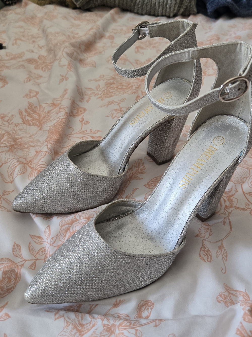 Dream Pairs Silver Glitter Pointed Block Heels with Ankle Strap